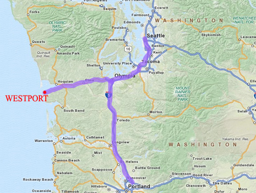 Map to Westport, Washington from Seattle and Portland.